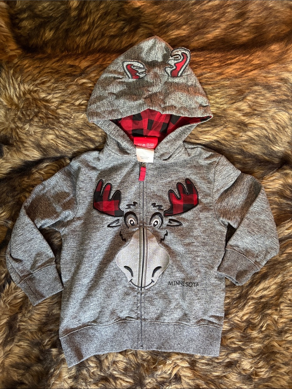 Gray Moose Zip-Up Hoodie with Red Plaid Accents/Antlers Minnesota Size 6